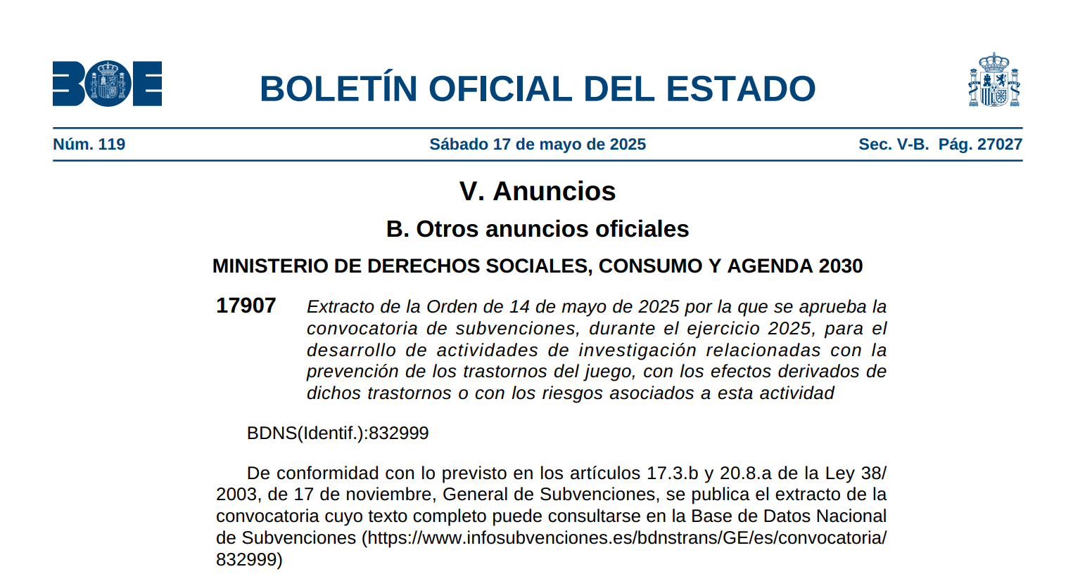 Ayudas para la investigación sobre la prevención de trastornos provocados por el juego